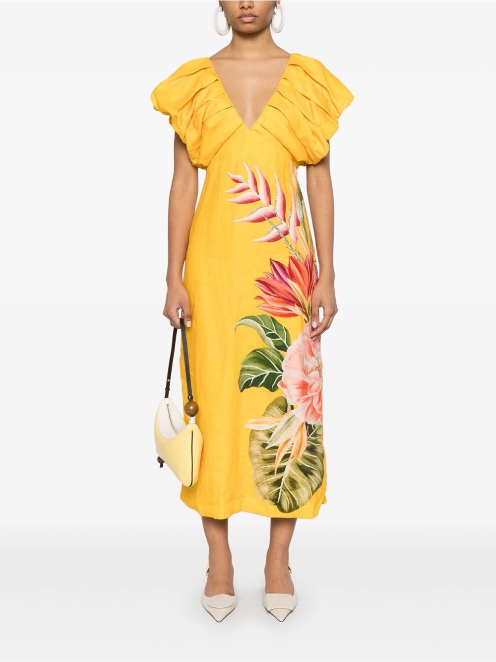 Farm Rio Yellow Floral V-Neck Midi Dress